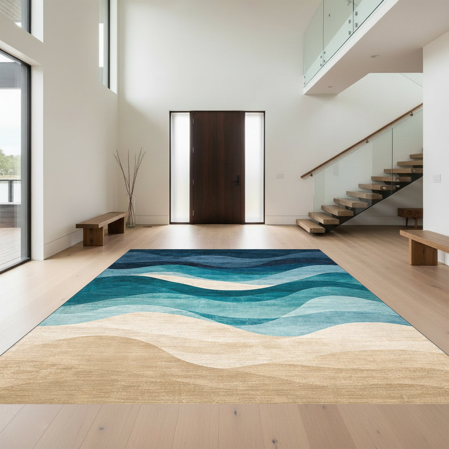 Navy Teal Gradient Wave Rug