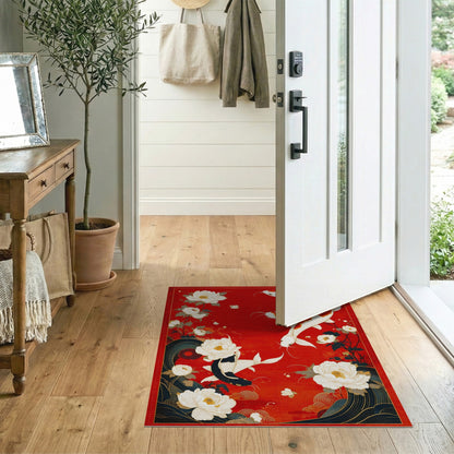 Red Koi Peony Floral Washable Area Rug