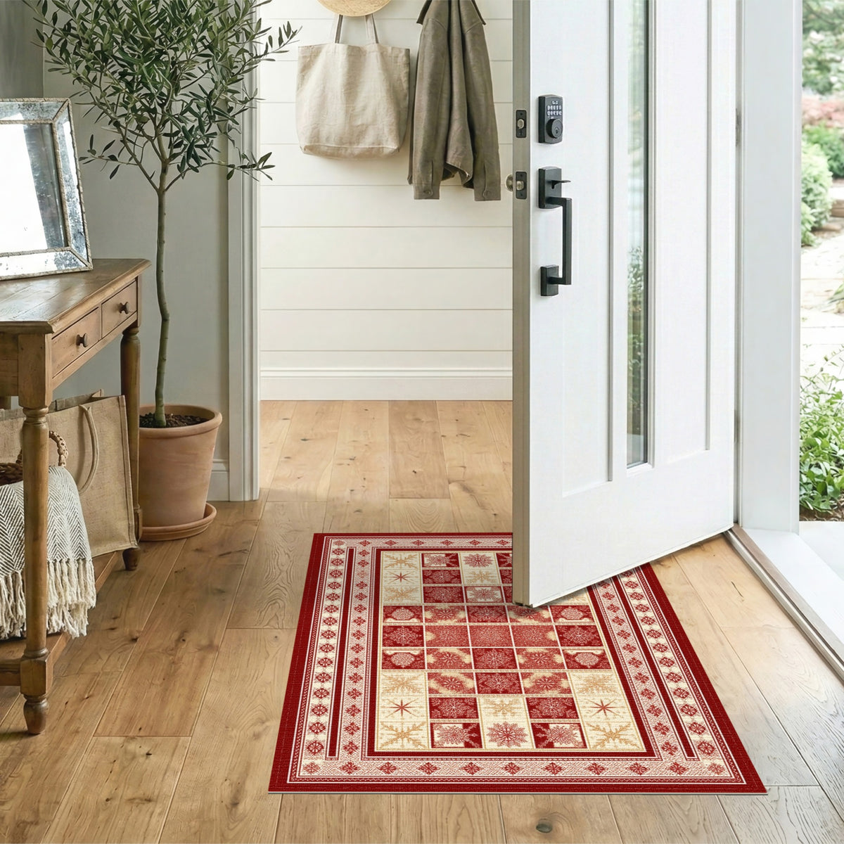 Red Snowflake Geometric Area Rug
