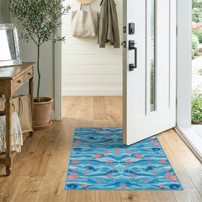 Blue Ocean Waves Sea Life Area Rug