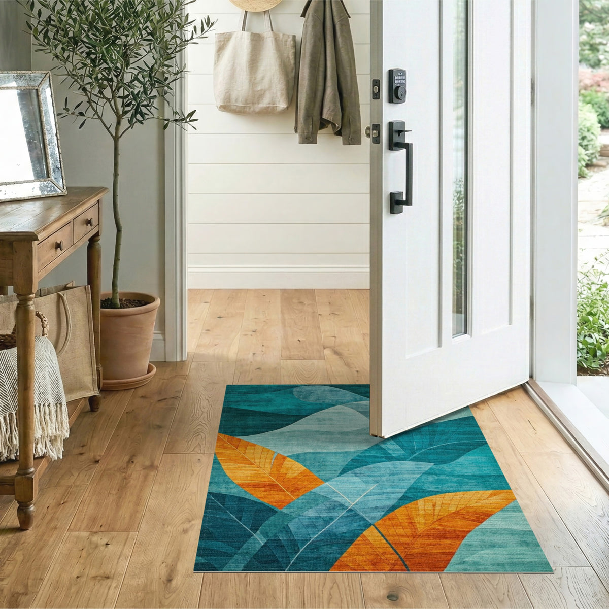 Teal Blue Abstract Leaf Area Rug