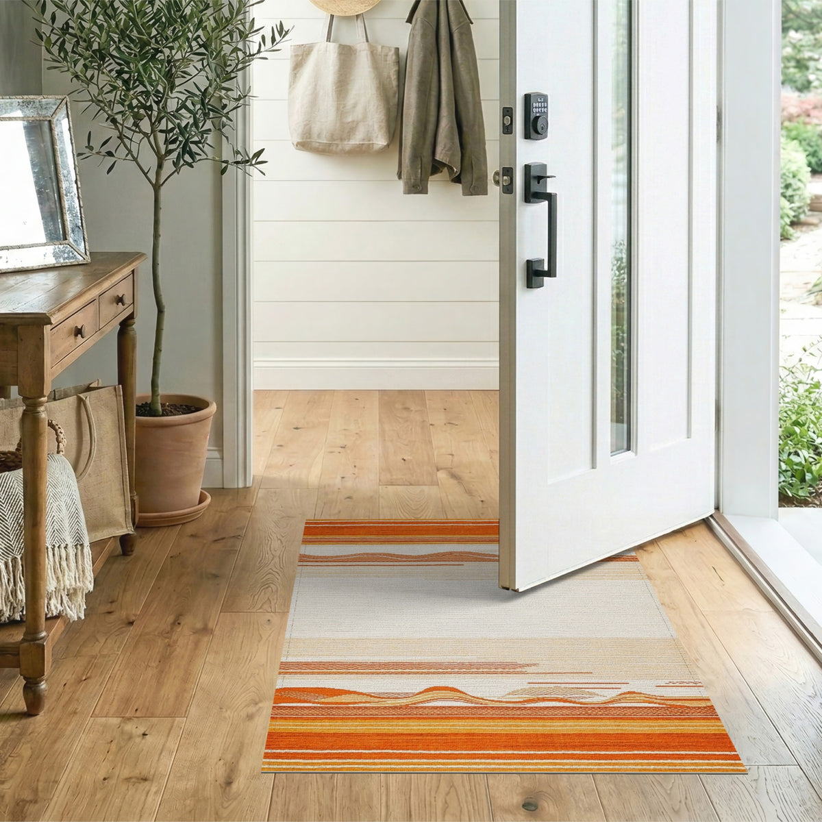 Orange Geometric Wave Striped Area Rug