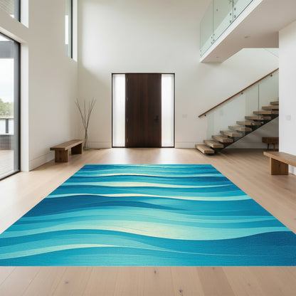 Abstract Blue Layered Waves Rug