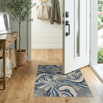 Blue Teal Abstract Wave Floral Area Rug