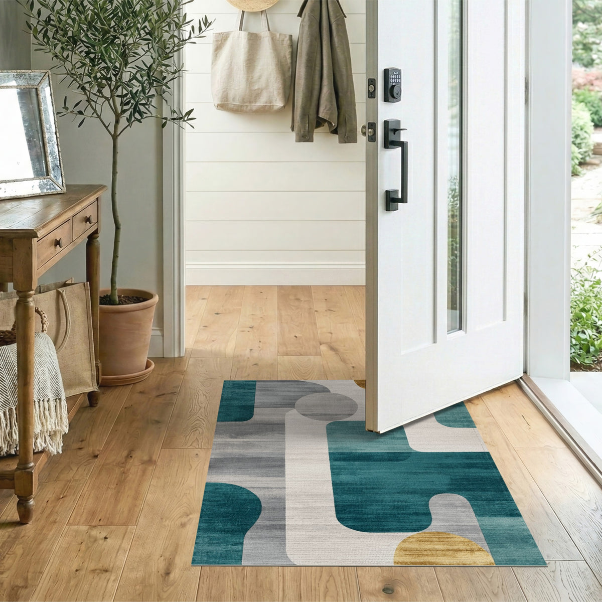 Teal Geometric Area Rug with Gold Accents