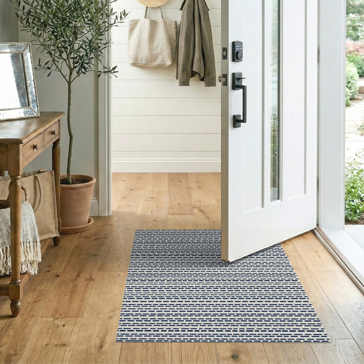 Navy Blue Geometric Striped Area Rug