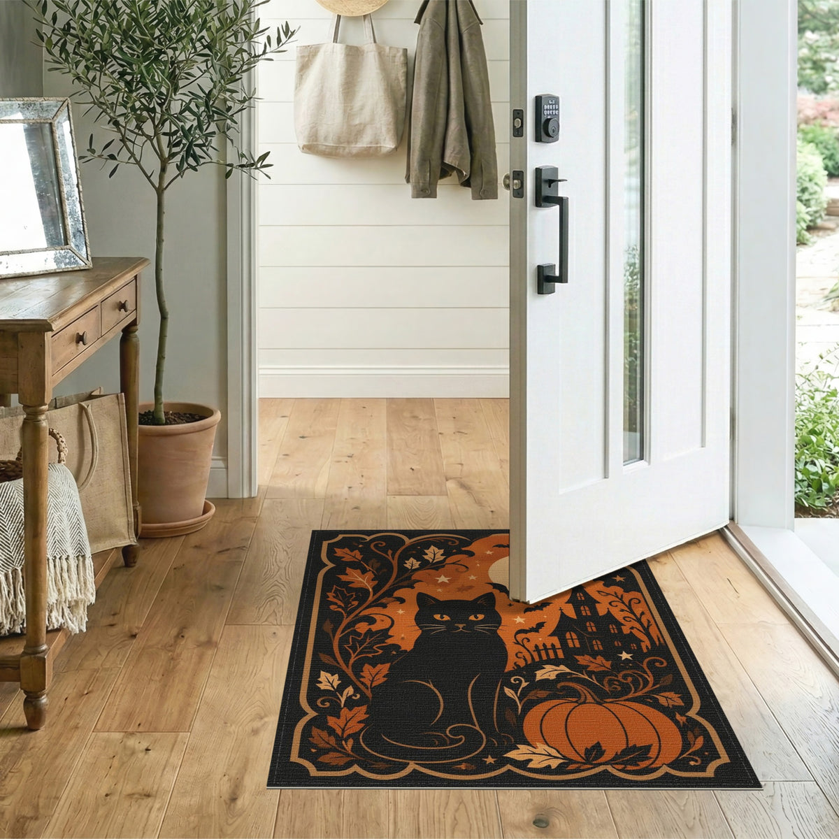 Distressed Vintage Orange Black Cat Pumpkin Halloween Area Rug