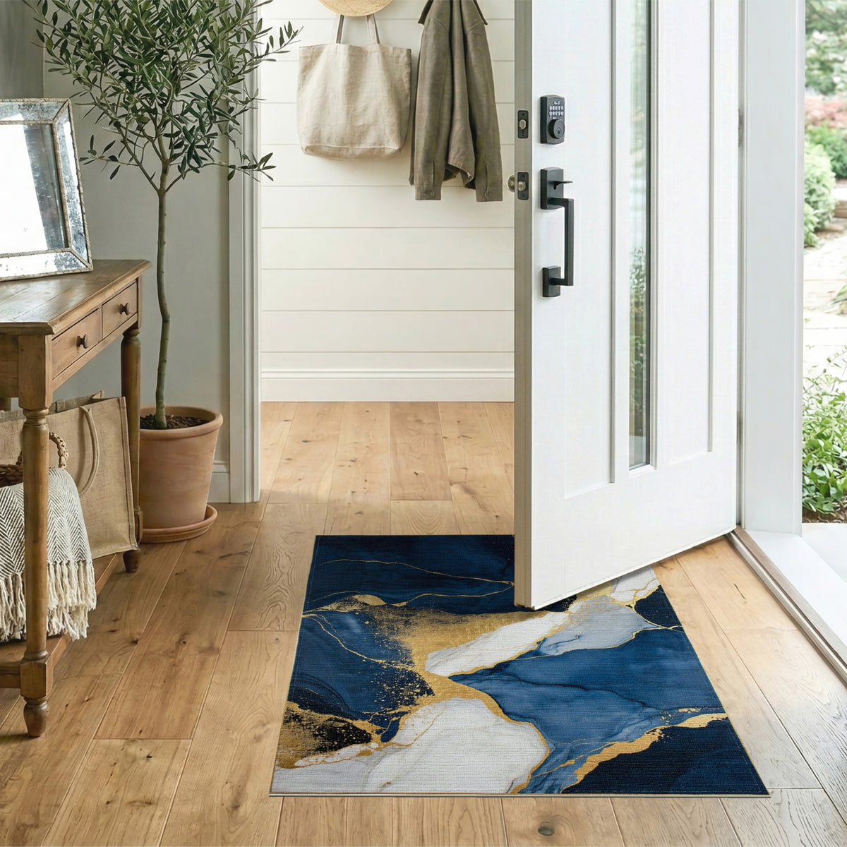 Blue and Teal Navy Blue Gold Abstract Marble Area Rug