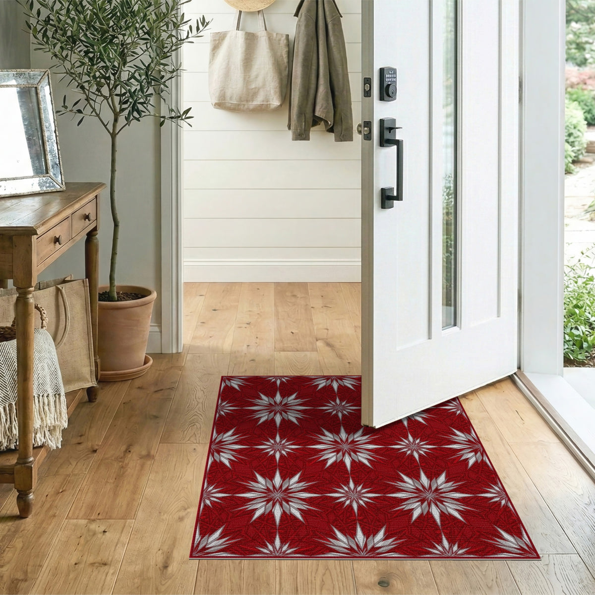 Red Starburst Geometric Red Area Rug