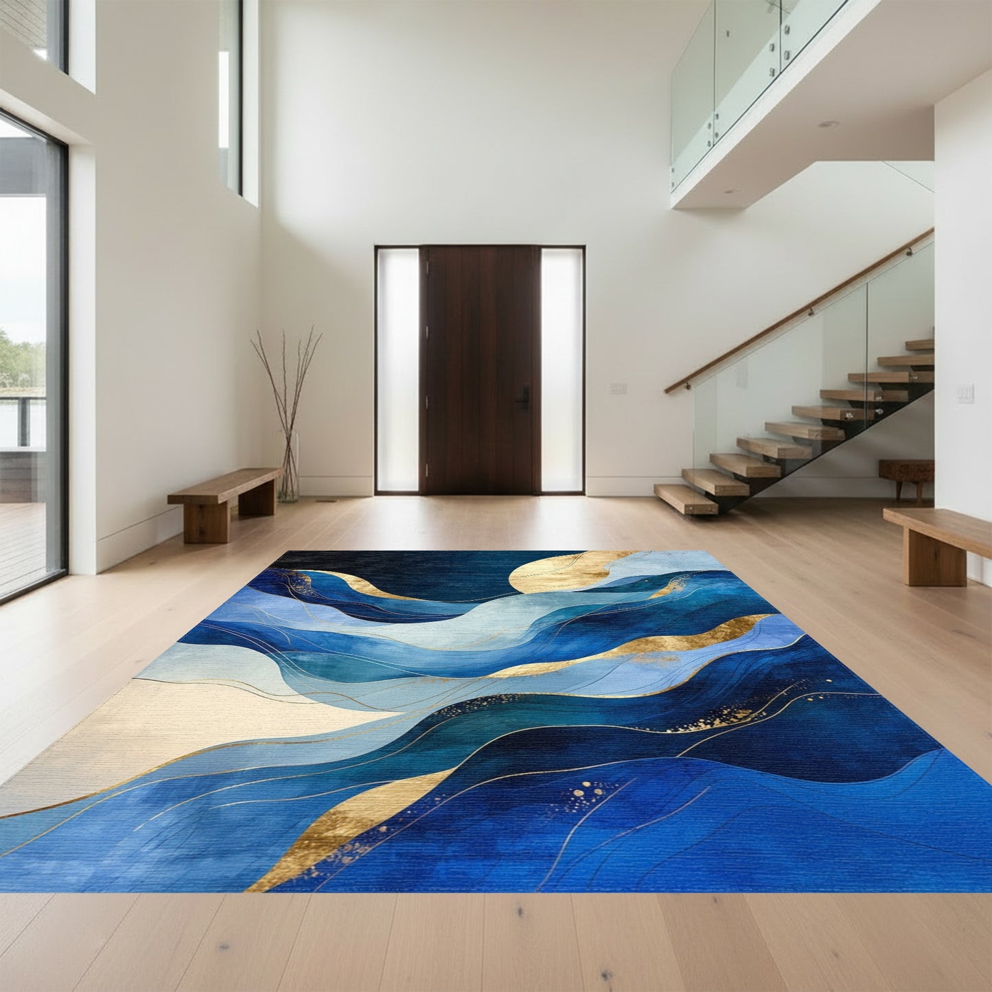 Navy Gold Abstract Waves Rug