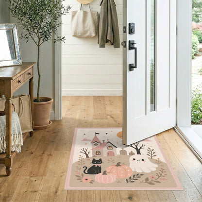 Beige and Neutral Whimsical Halloween Ghost Cat Area Rug