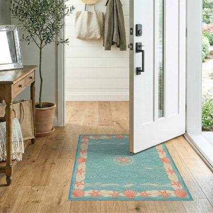 Blue Teal Coastal Starfish Wave Area Rug