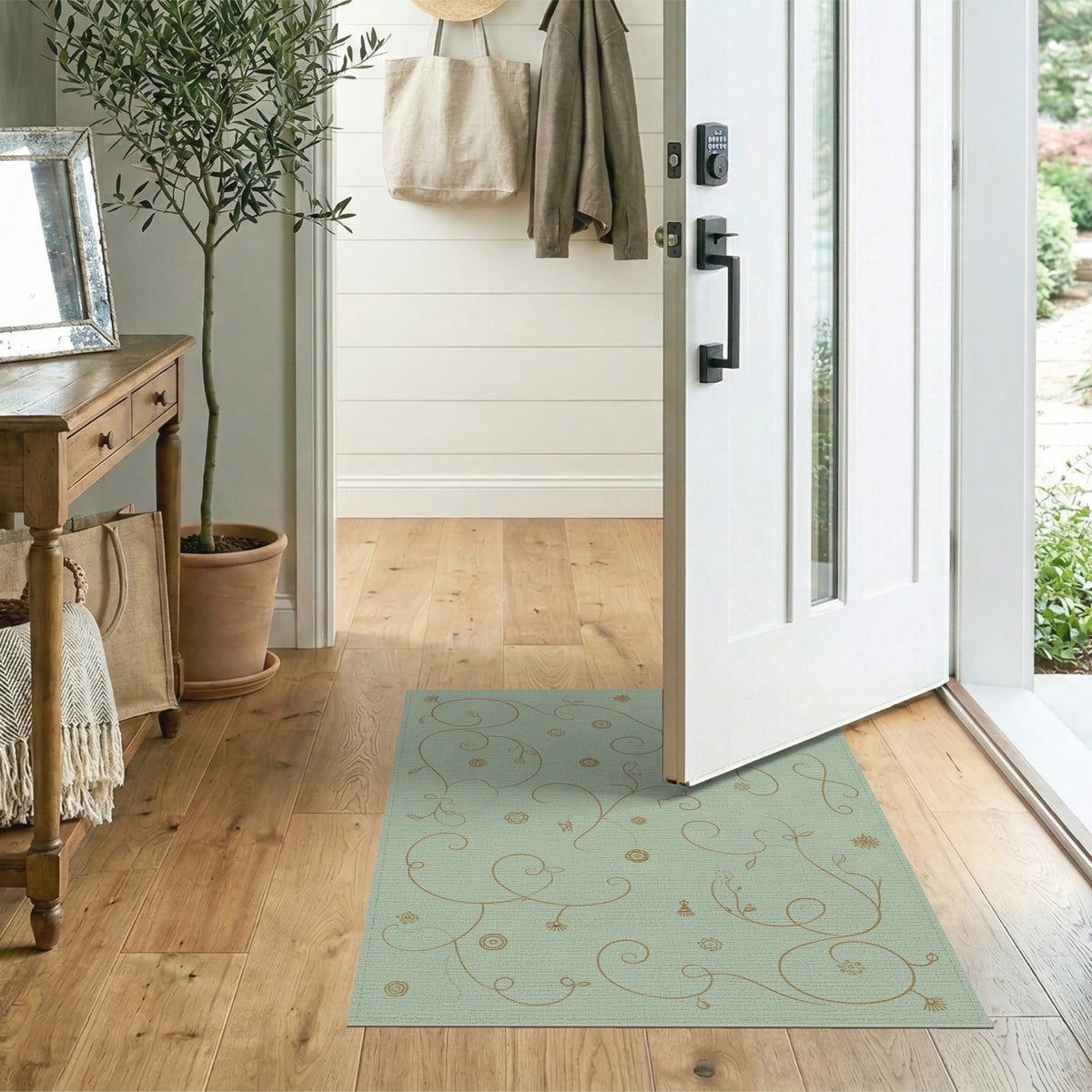 Sage Green Gold Floral Vine Area Rug