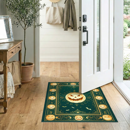 Green Halloween Pumpkin Area Rug with Gold Border