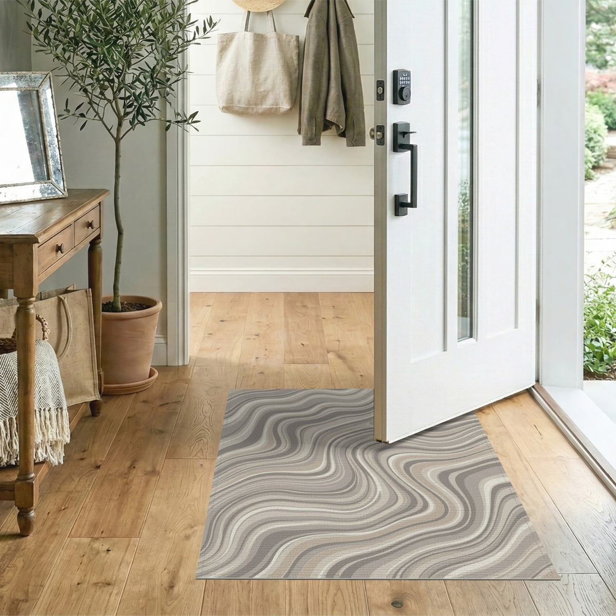 Beige and Neutral Beige Neutral Wavy Abstract Area Rug
