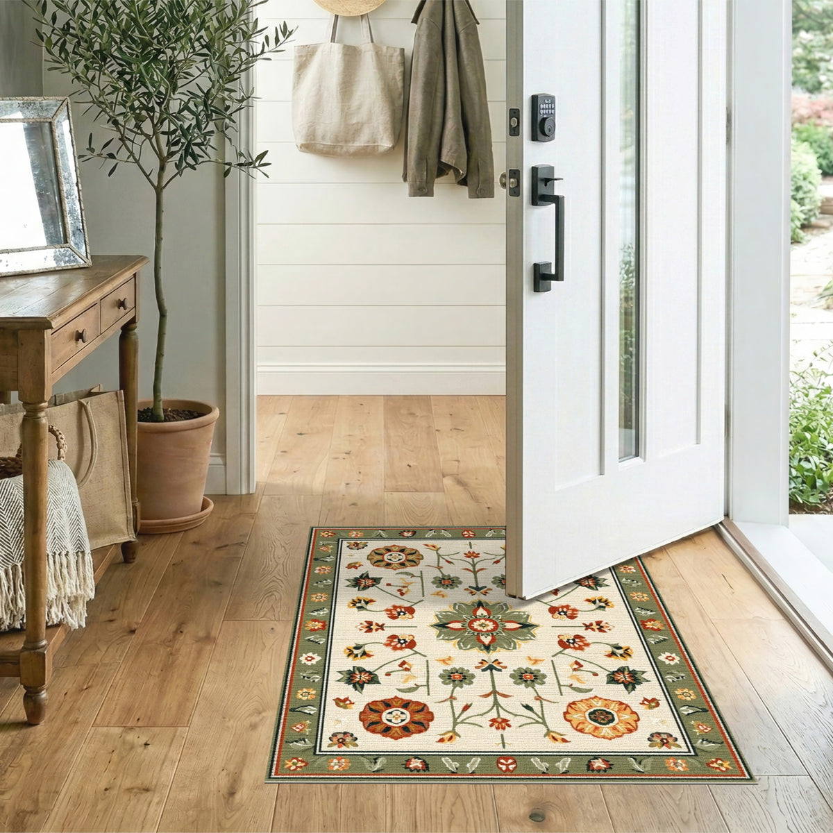 Green Sage Green Vintage Floral Area Rug