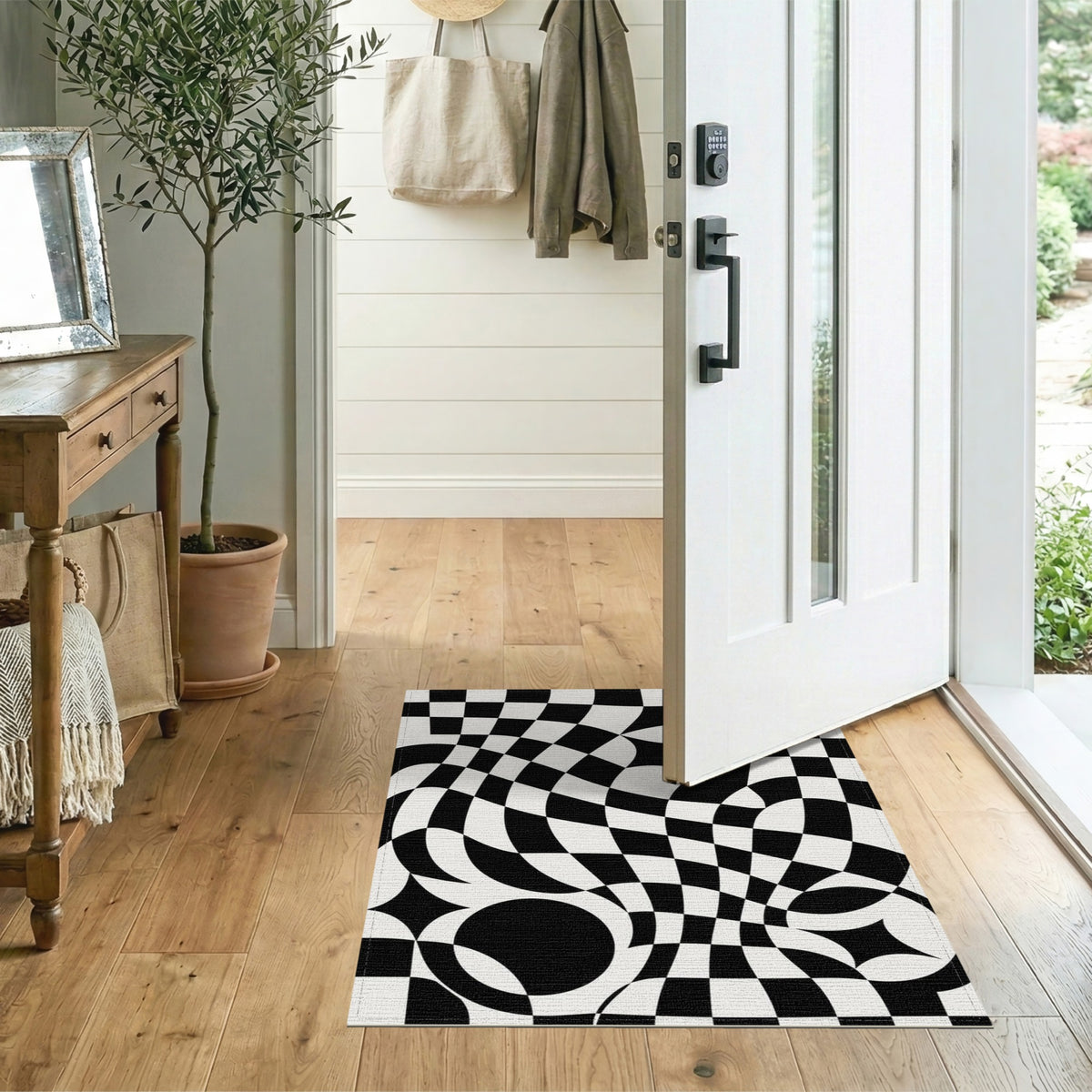Black White Wavy Geometric Optical Area Rug