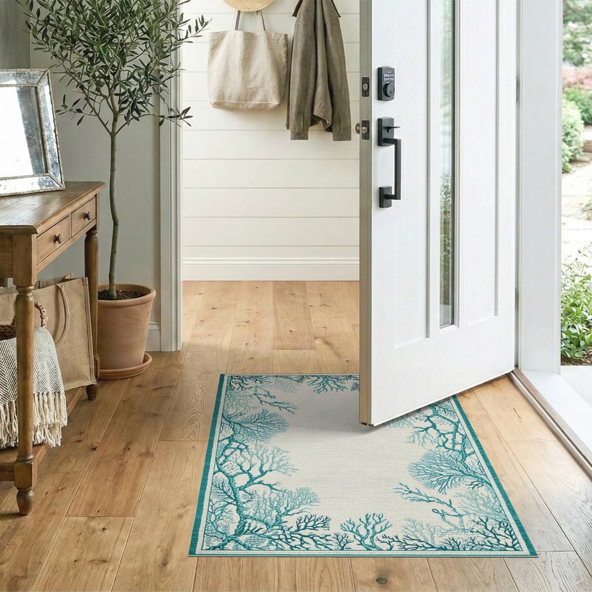 Teal Coral Coastal Area Rug