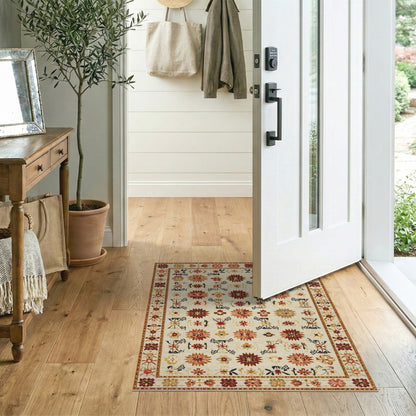 Beige and Neutral Beige Vintage Floral Medallion Area Rug
