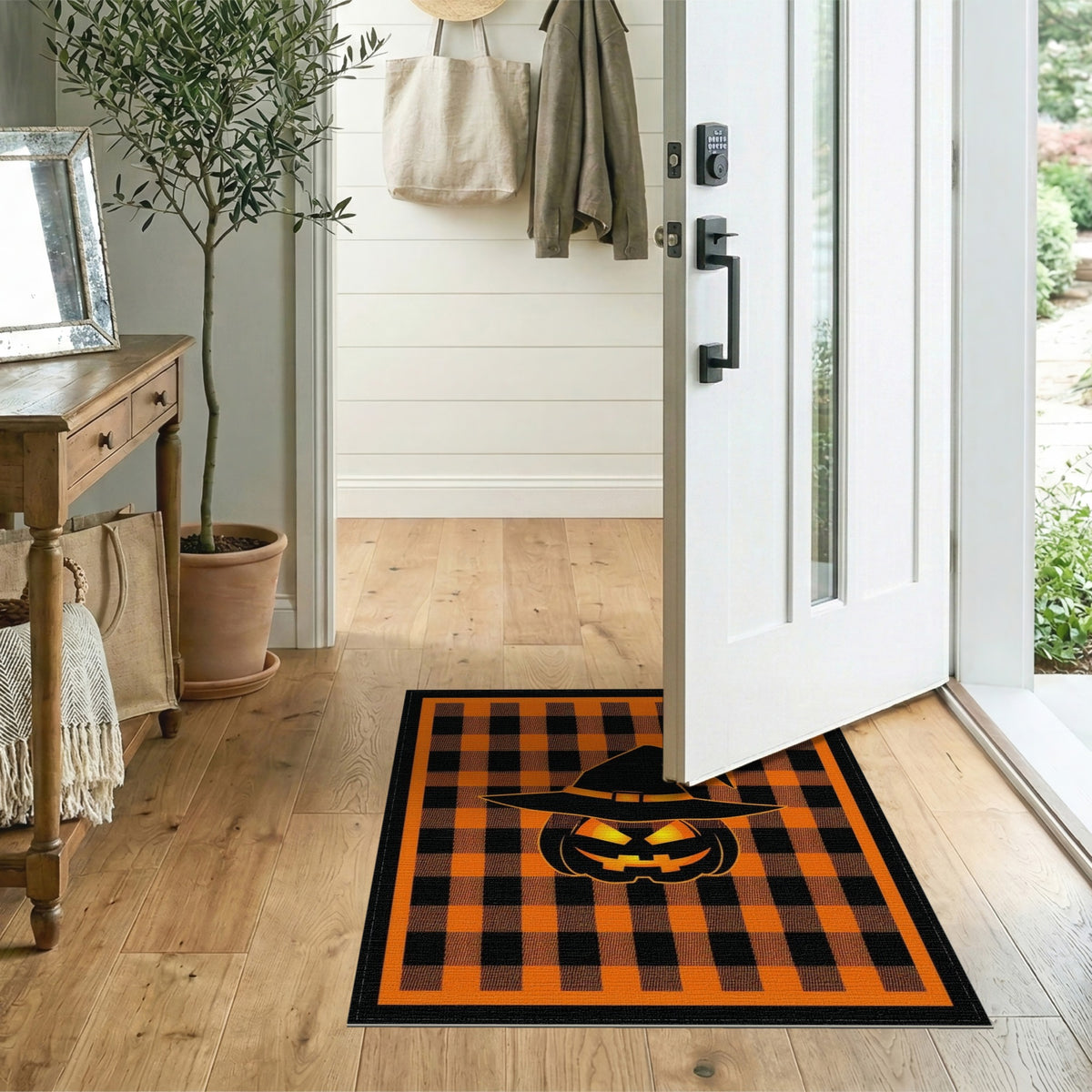 Orange Buffalo Check Pumpkin Witch Hat Area Rug
