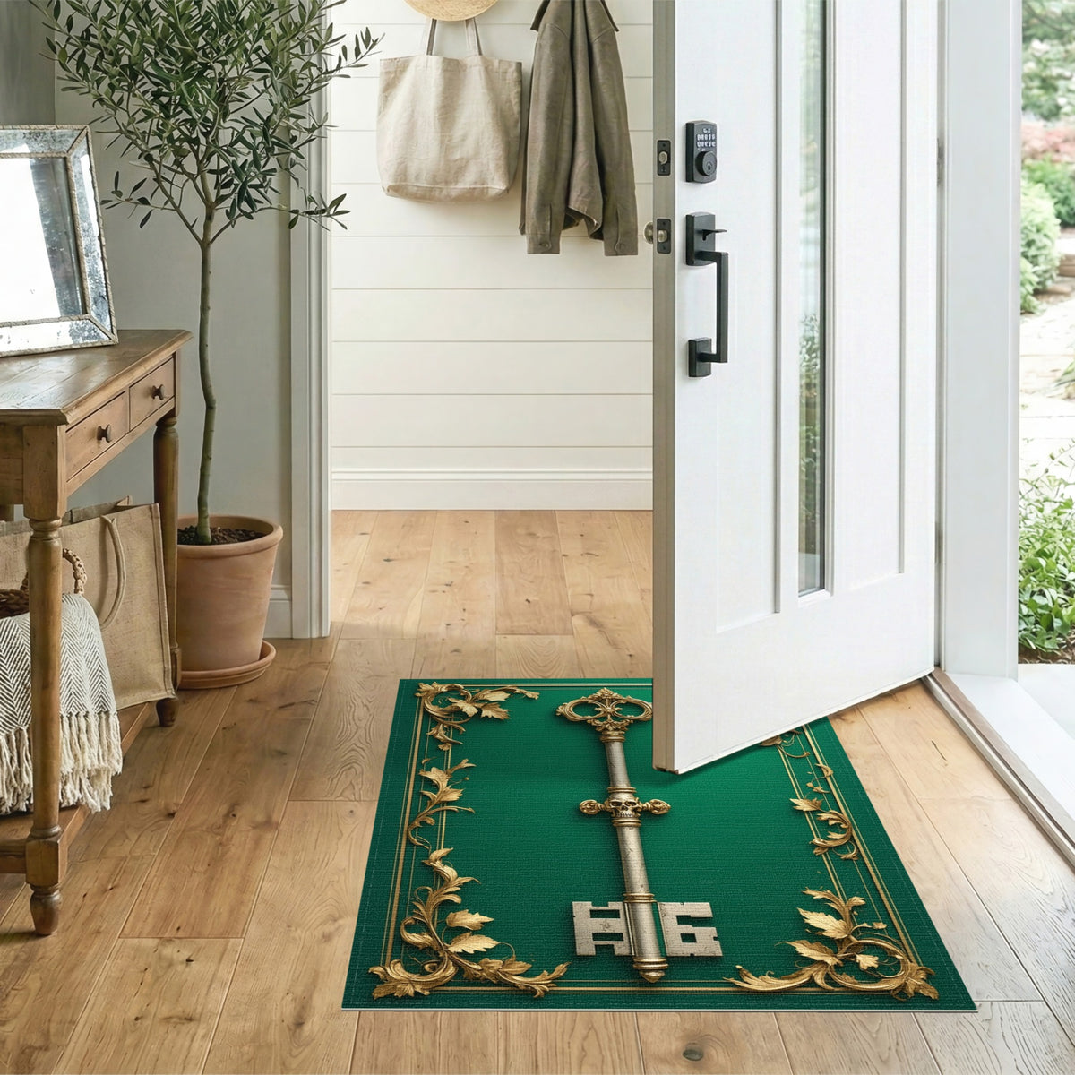 Ornate Gold Key Green Area Rug