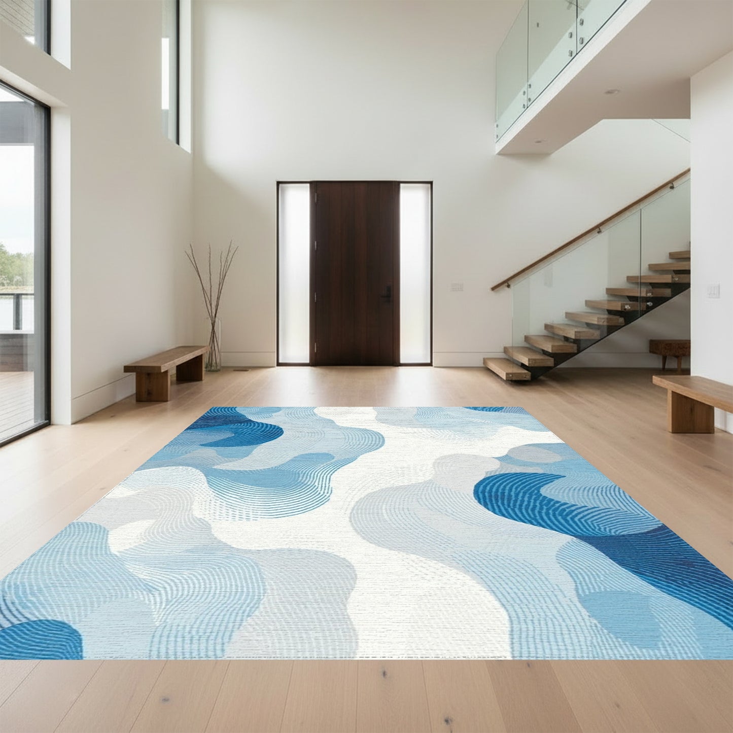 Abstract Blue Fluid Waves Rug