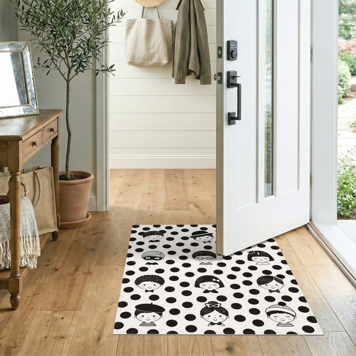 Black White Kids Cartoon Faces Washable Area Rug
