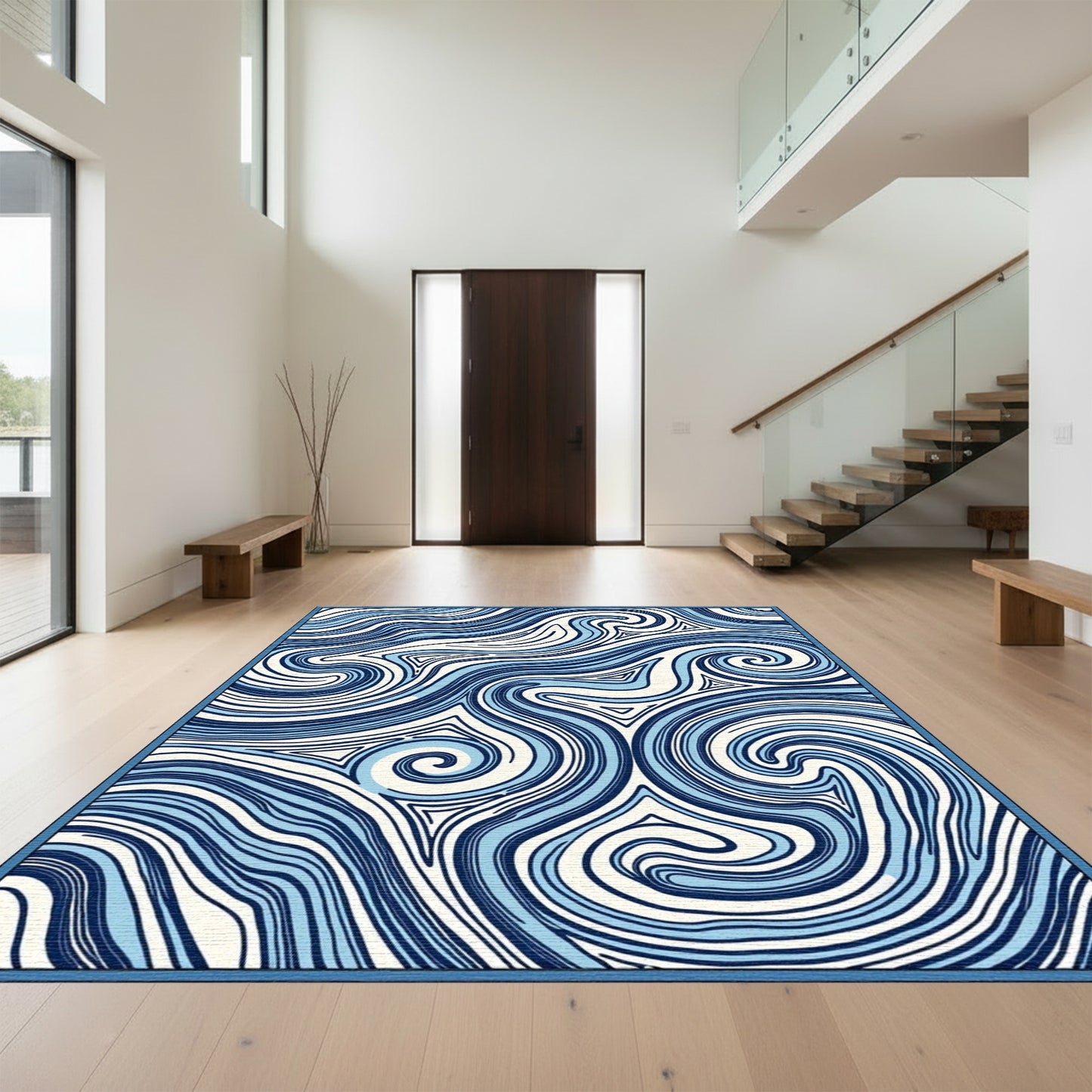 Abstract Navy Swirl Waves Rug