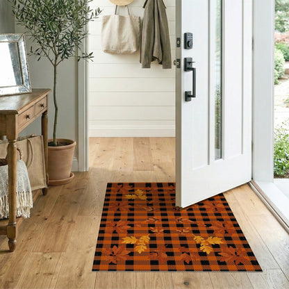 Orange Black Plaid Autumn Leaves Area Rug