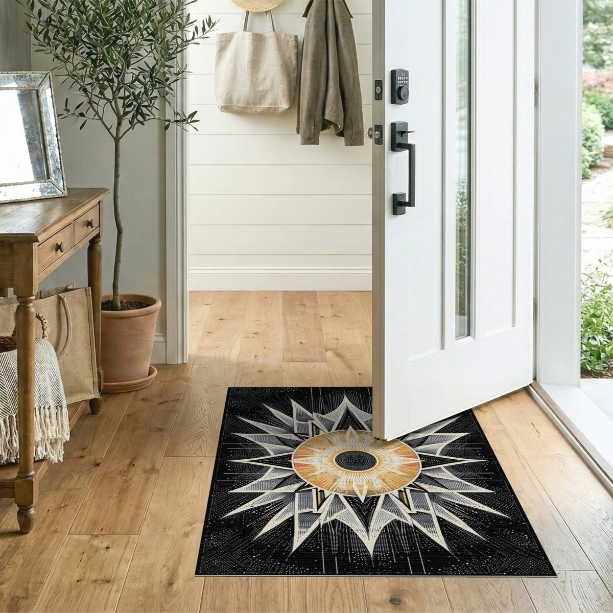 Black White Geometric Starburst Geometric Modern Area Rug