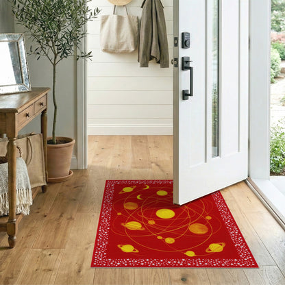 Red Solar System Area Rug with Yellow Planets