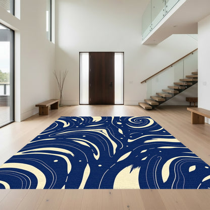 Navy Swirling Cream Waves Rug