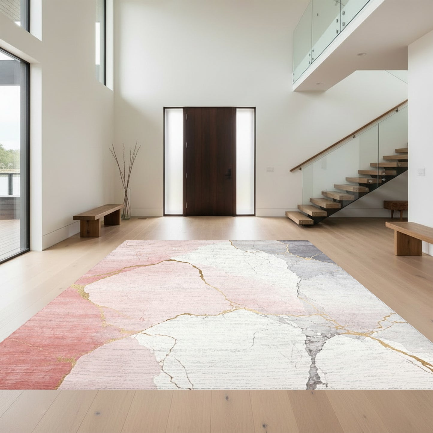 Blush Pink Gray Gold Veined Rug