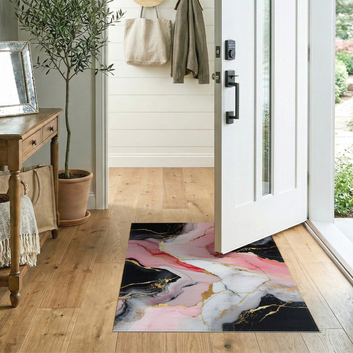 Pink Black Abstract Marble Area Rug with Gold Accents