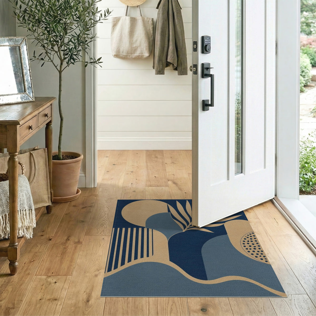 Blue Geometric Palm Leaf Area Rug
