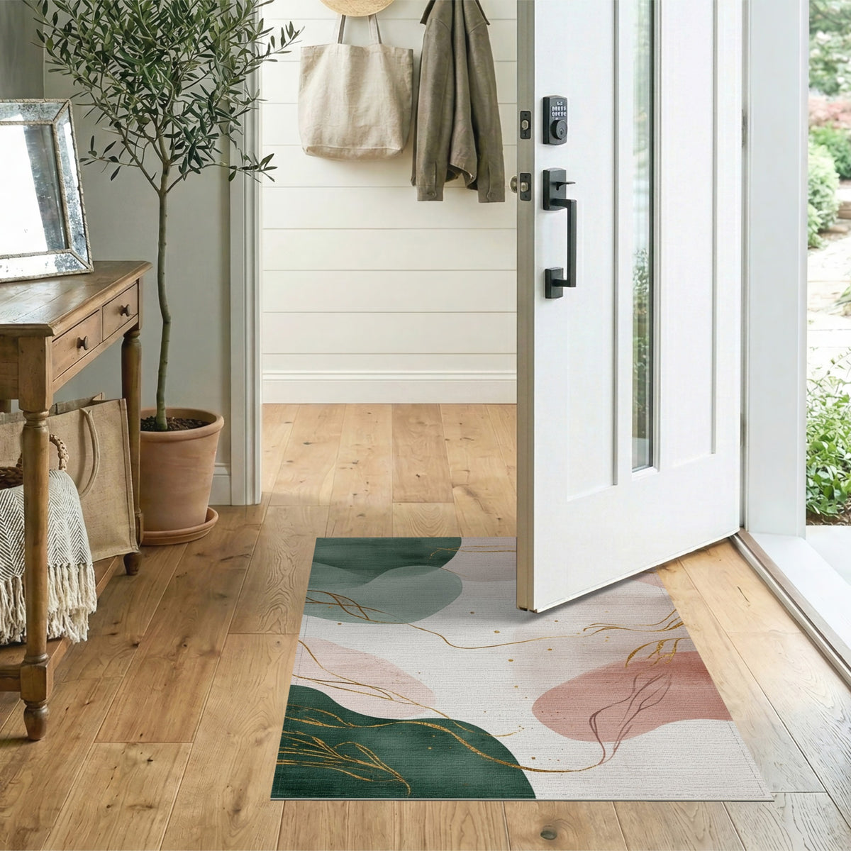 Abstract Green Gold Line Washable Rug