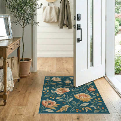 Washable Teal Floral Vintage Washable Area Rug