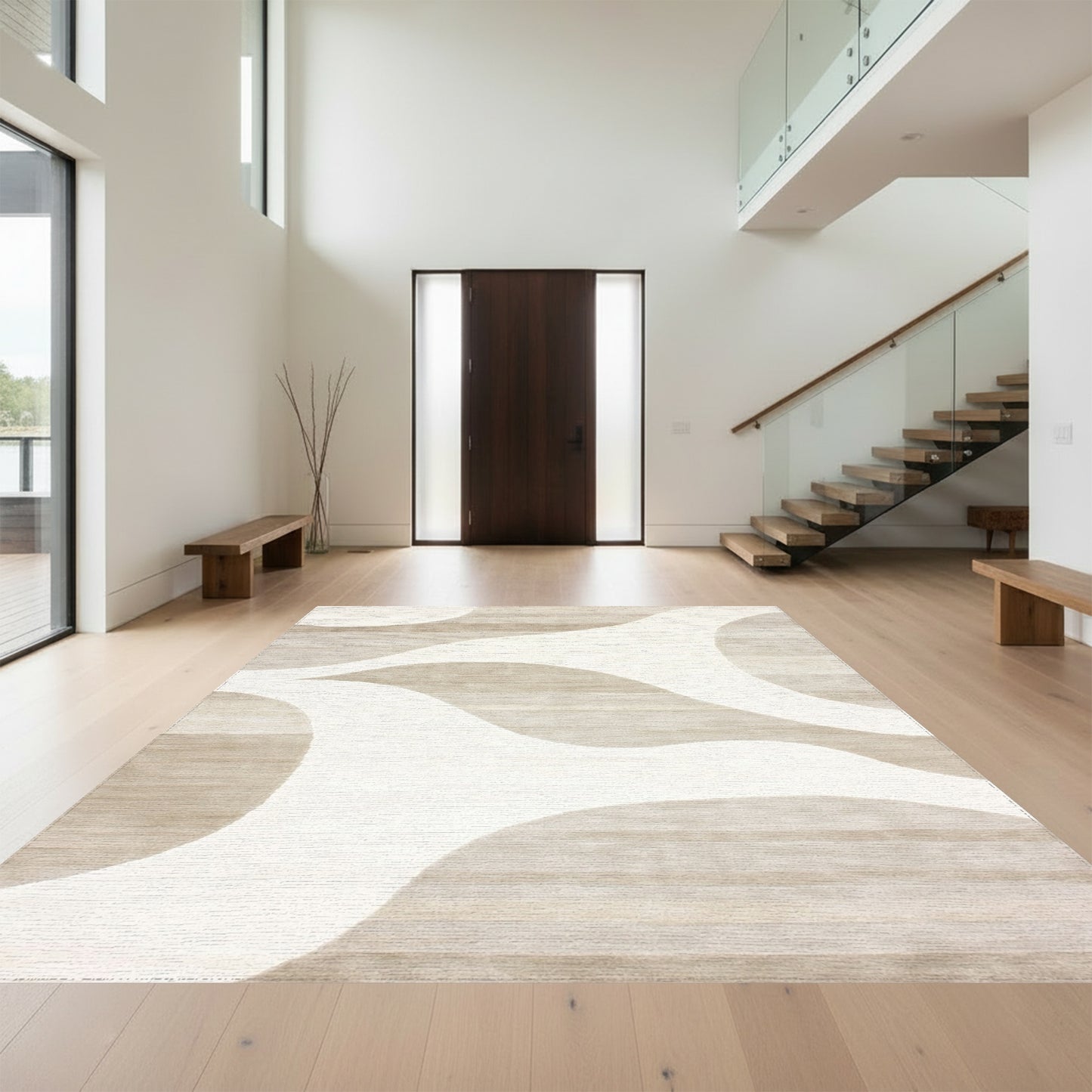 Abstract White Curves Beige Striped Rug