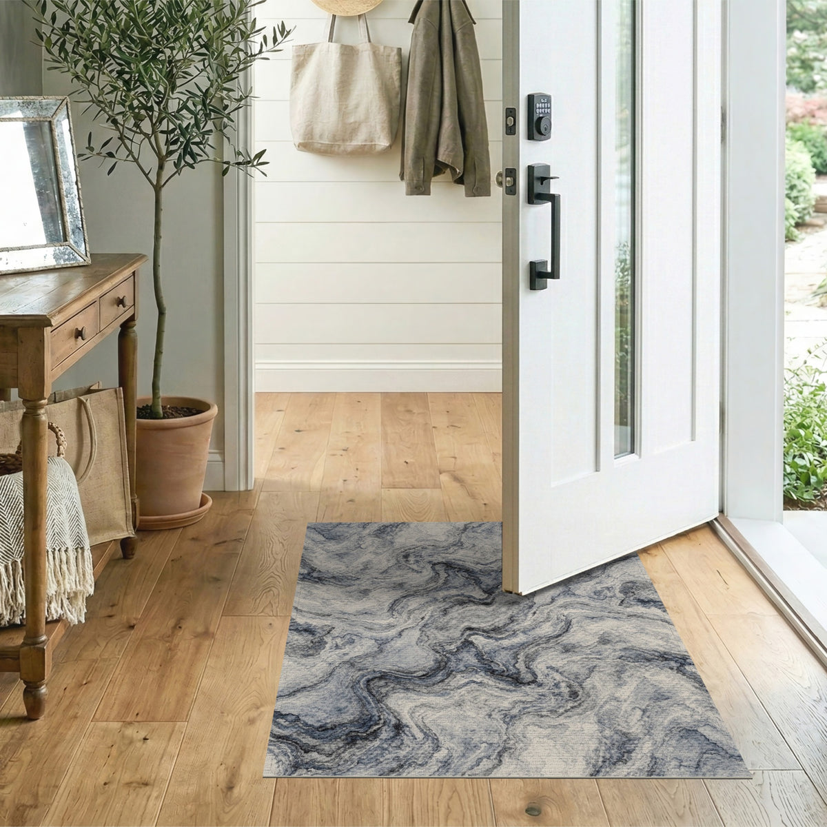 Abstract Area Blue and Teal Blue Marble Swirl Area Rug