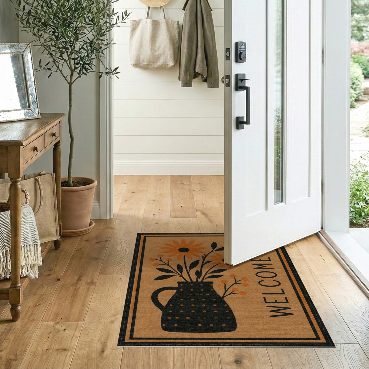 Orange Daisy Pitcher Welcome Area Rug