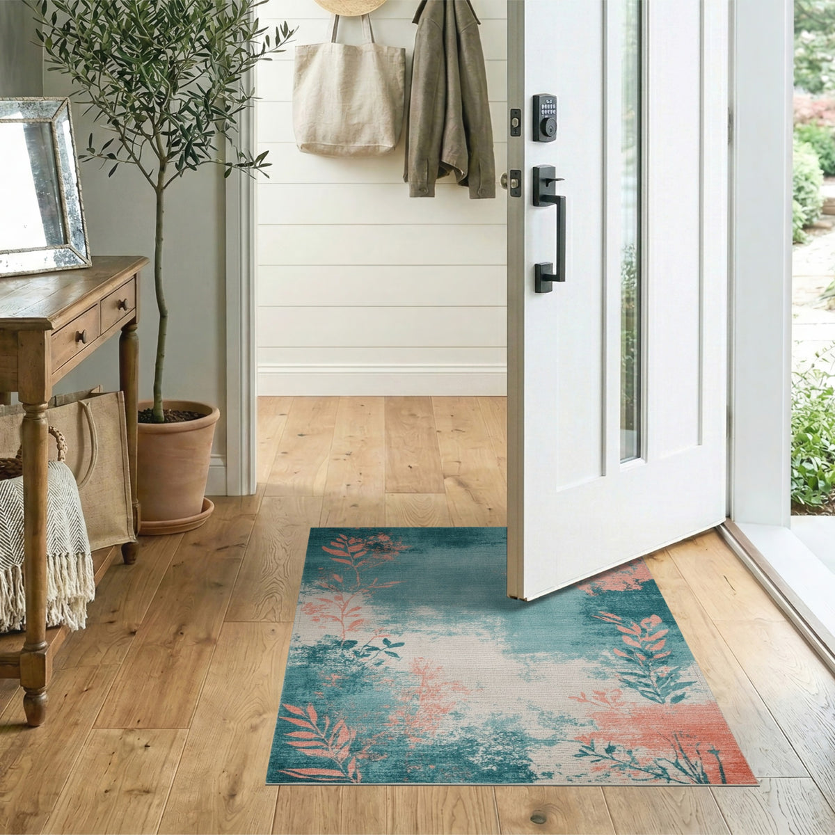 Distressed Teal Coral Leaf Area Rug