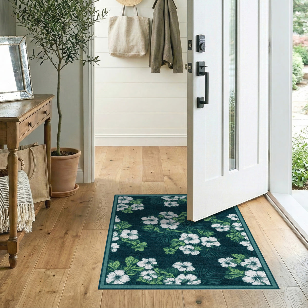 Blue and Teal Hibiscus Floral Area Rug
