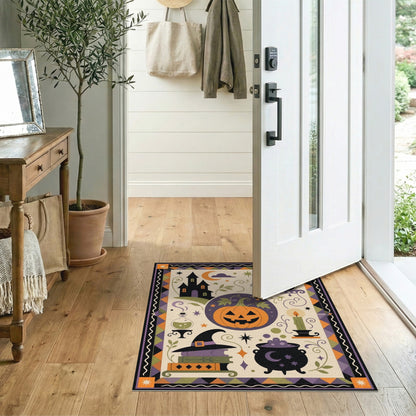 Halloween Multi-color and Patterns Halloween Black Cat Pumpkin Area Rug