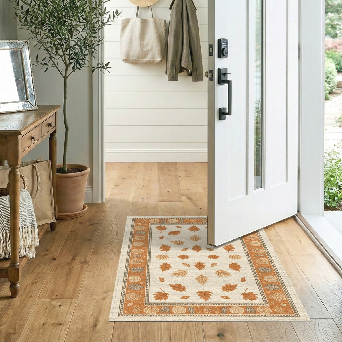 Beige Brown Leaf Border Area Rug