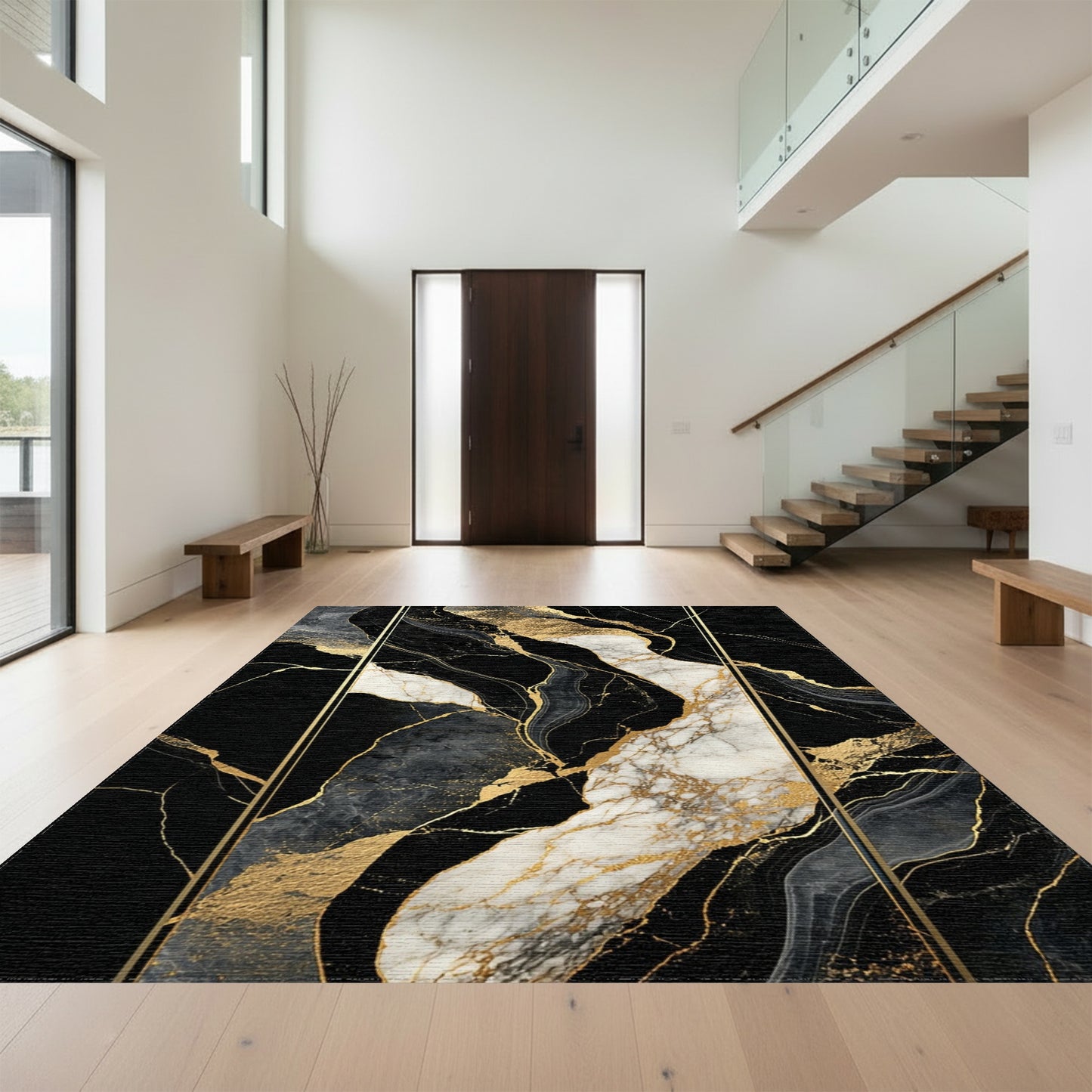 Black Gold White Veined Marble Rug