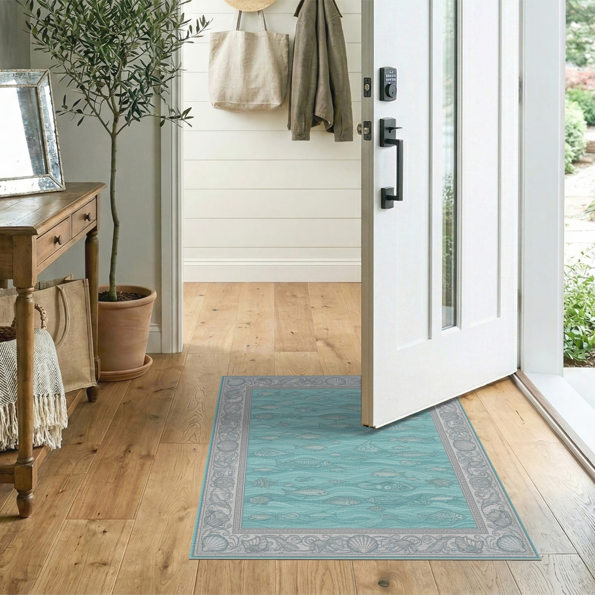 Blue Coastal Fish and Seashell Area Rug