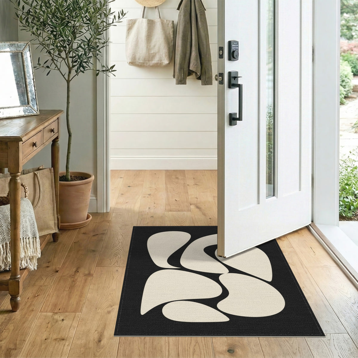 Black and White Abstract Organic Shapes Black White Area Rug