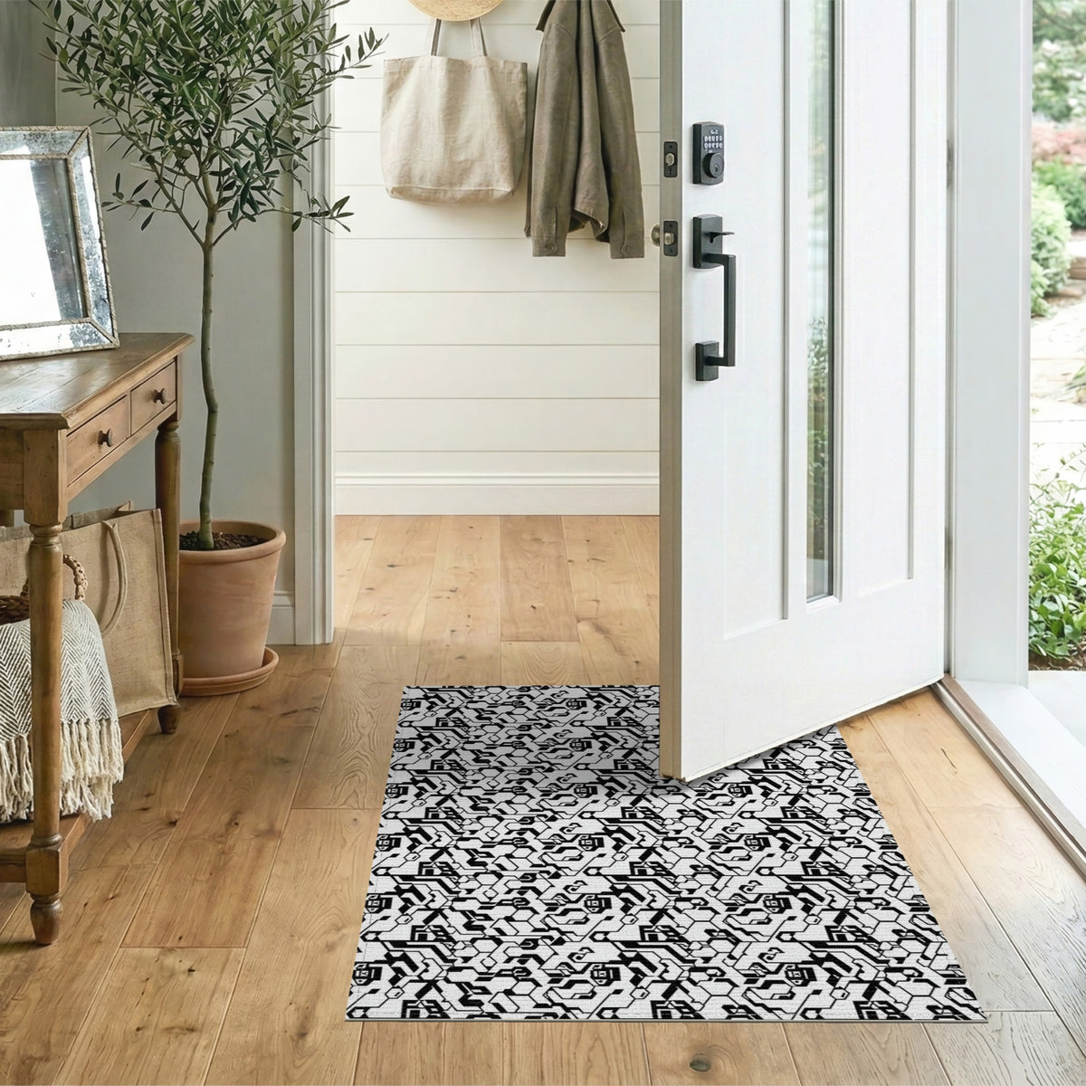 Black and White Black White Geometric Hexagon Area Rug
