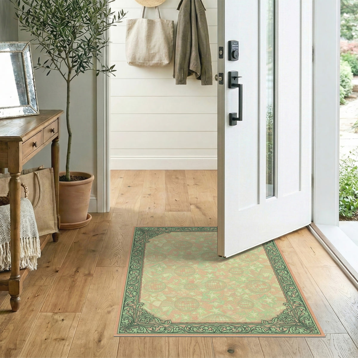 Retro Disco Ball Stars Green Border Rug