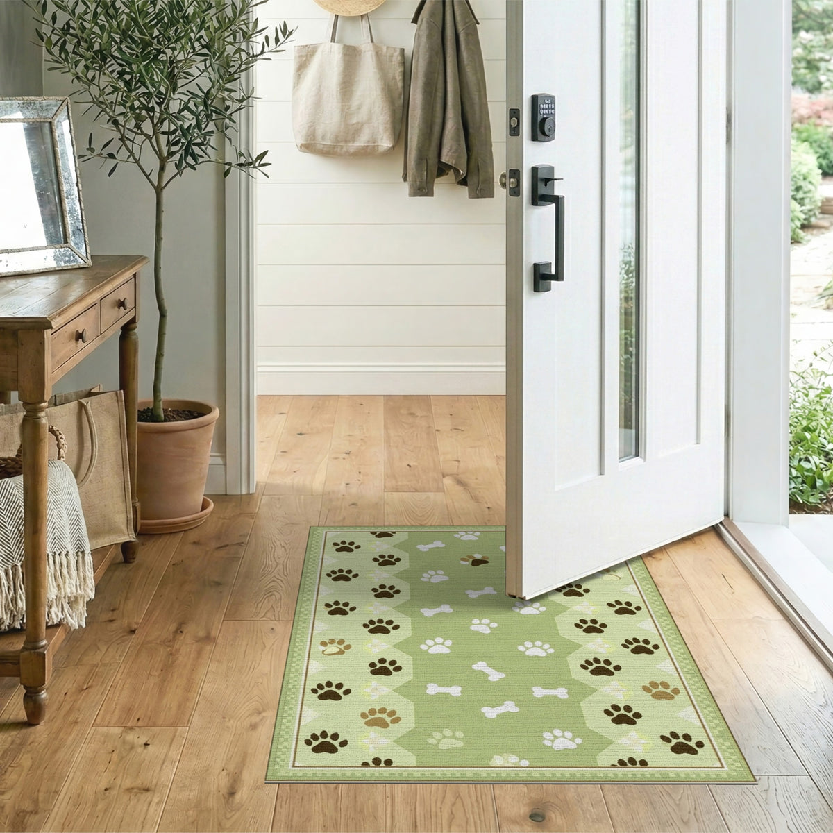 Green Paw Print Bone Kids Area Rug